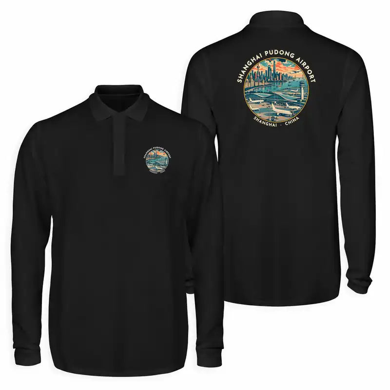 Shanghai Pudong International Airport (PVG) Premium Polo T-Shirts - Badge - Long Sleeve - Black