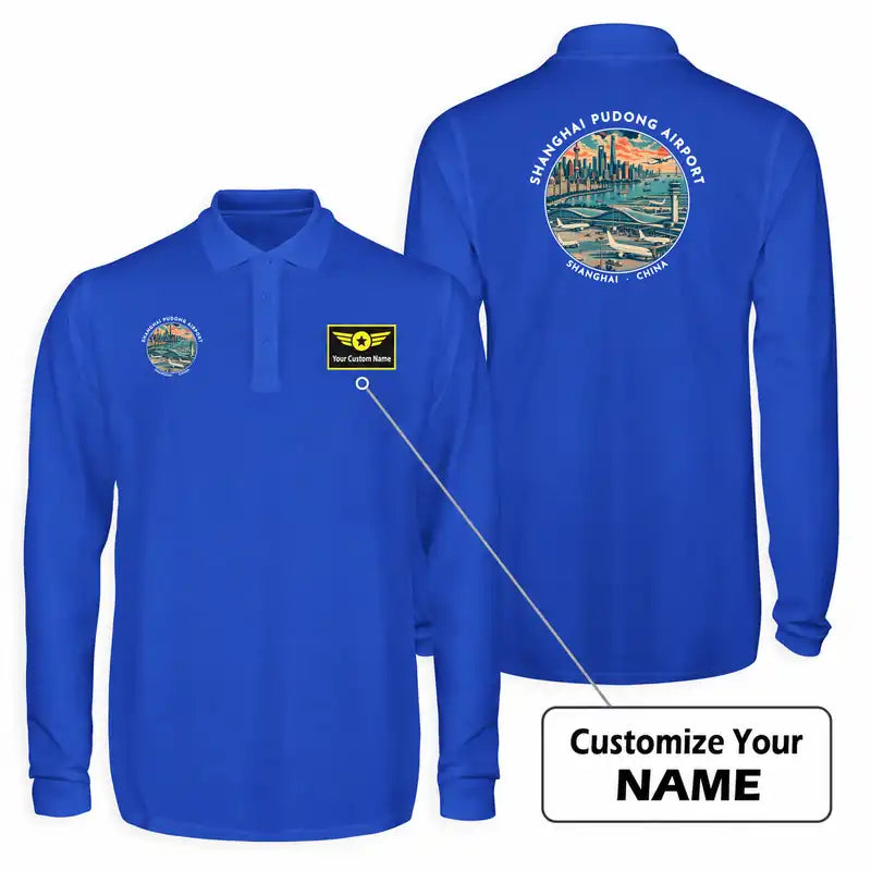 Shanghai Pudong International Airport (PVG) Premium Polo T-Shirts - Badge + Name - Long Sleeve - Blue