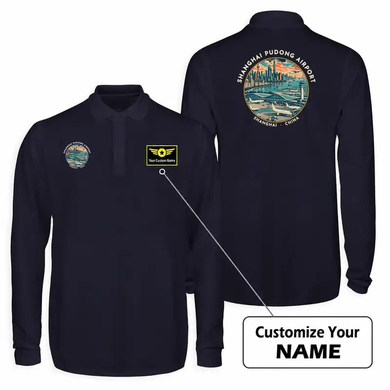 Shanghai Pudong International Airport (PVG) Premium Polo T-Shirts - Badge + Name - Long Sleeve - Dark Blue