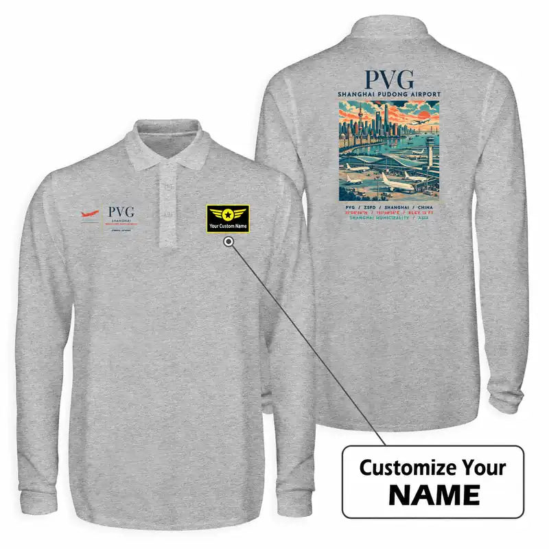 Shanghai Pudong International Airport (PVG) Premium Polo T-Shirts - Poster + Name - Long Sleeve - Gray