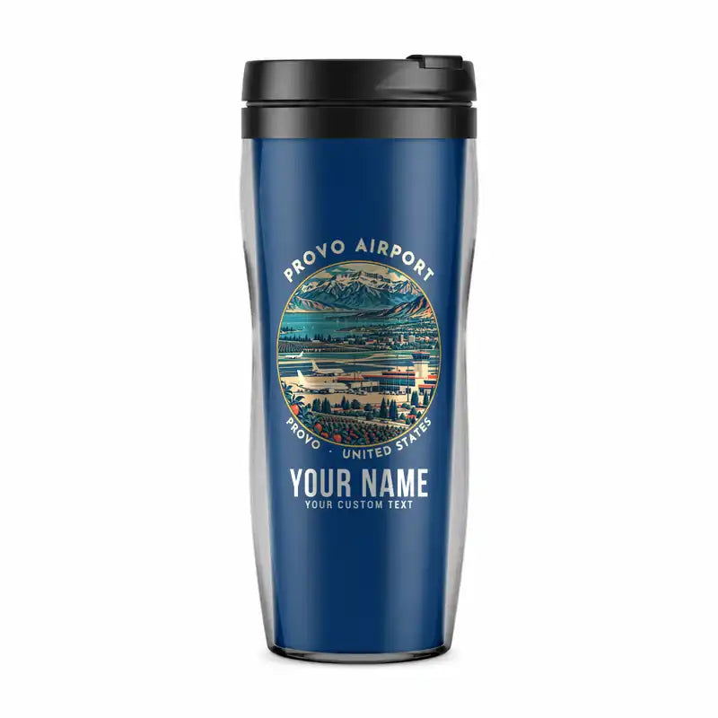 Provo Municipal Airport (PVU) Travel Mugs - Badge + Name - Plastic (No Holder) - Blue