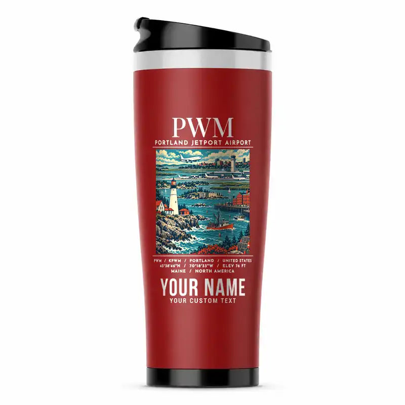 Portland International Jetport (PWM) Travel Mugs - Poster + Name - Stainless Steel (No Holder) - Red