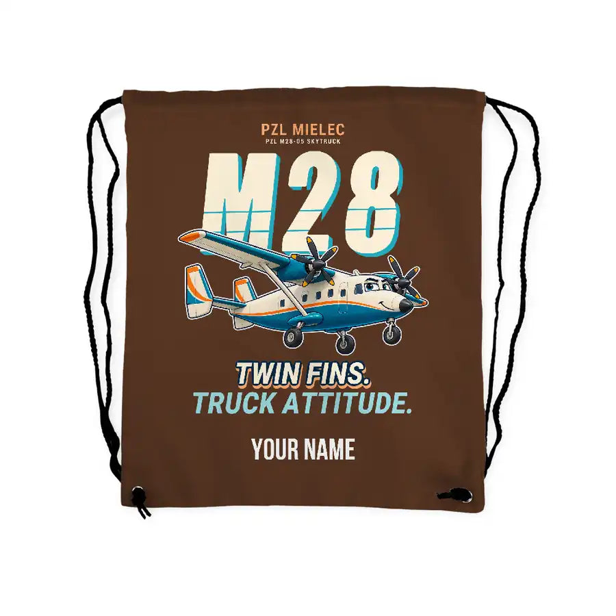 PZL M28-05 Skytruck - Drawstring Bag - Cartoon + Name - Brown