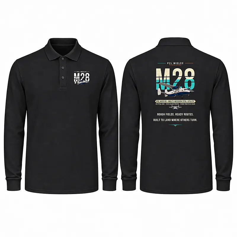 PZL M28-05 Skytruck Premium Polo T-Shirts - Original - Long Sleeve - Black