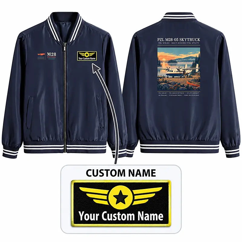 PZL M28-05 Skytruck Stylish Jackets - Baseball Collar - Poster + Name - Navy Blue