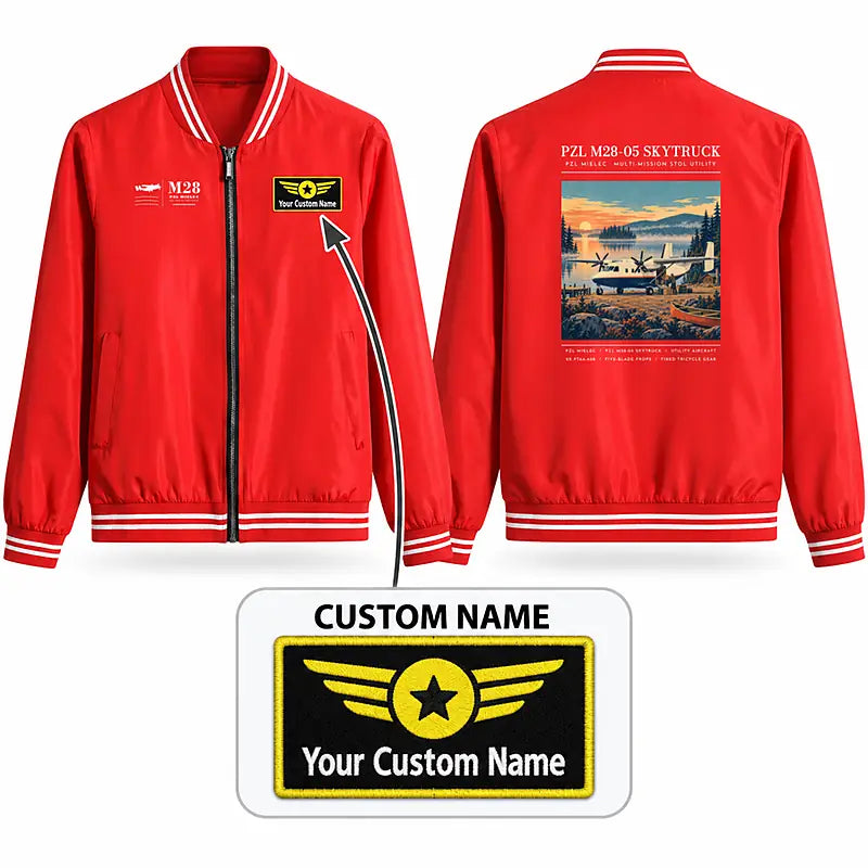 PZL M28-05 Skytruck Stylish Jackets - Baseball Collar - Poster + Name - Red