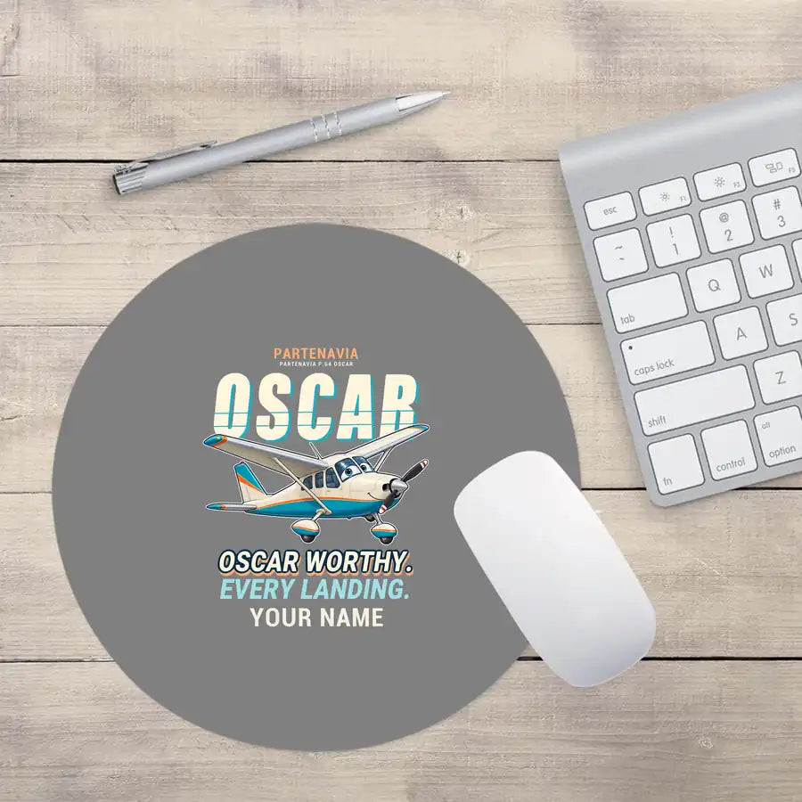 Partenavia P.64 Oscar - Cartoon + Name - Round Mouse Pad - Gray