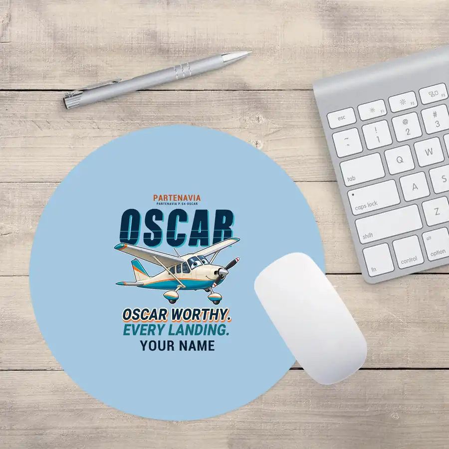 Partenavia P.64 Oscar - Cartoon + Name - Round Mouse Pad - Light Blue