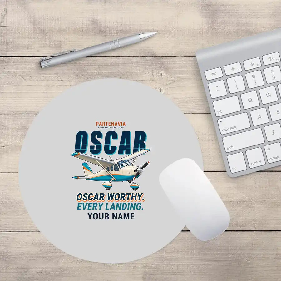 Partenavia P.64 Oscar - Cartoon + Name - Round Mouse Pad - Light Gray