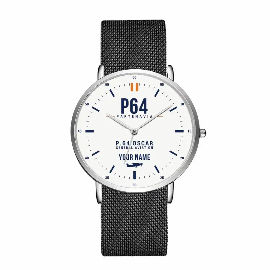 Partenavia P.64 Oscar - Classic - White + Name - Slim Mesh - Silver and Black Stainless Steel Strap
