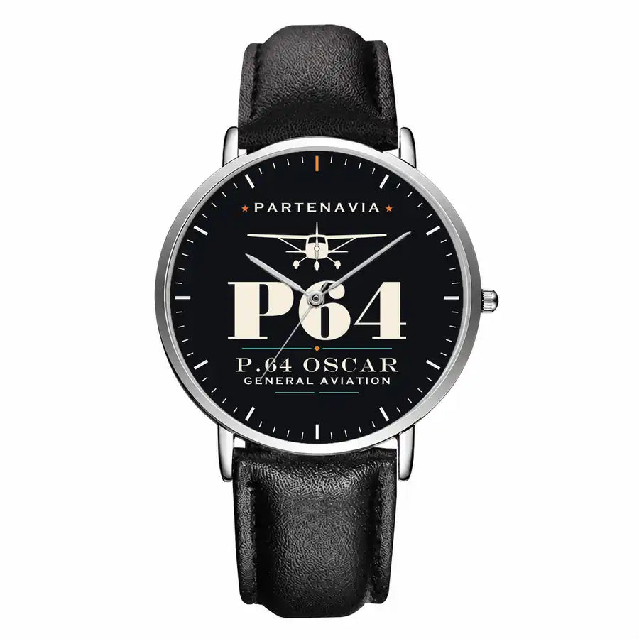 Partenavia P.64 Oscar - Heritage - Slim Leather - Silver and Black Leather Strap