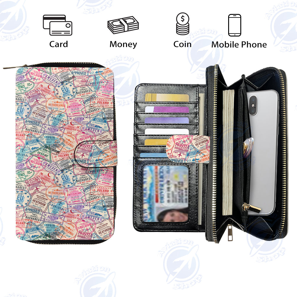 Passport Stamps Designed Leather Long Zipper Wallets
