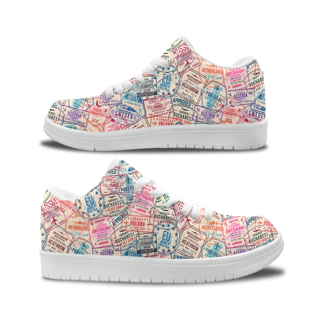 Passport Stamps Designed Fashion Low Top Sneakers & Shoes