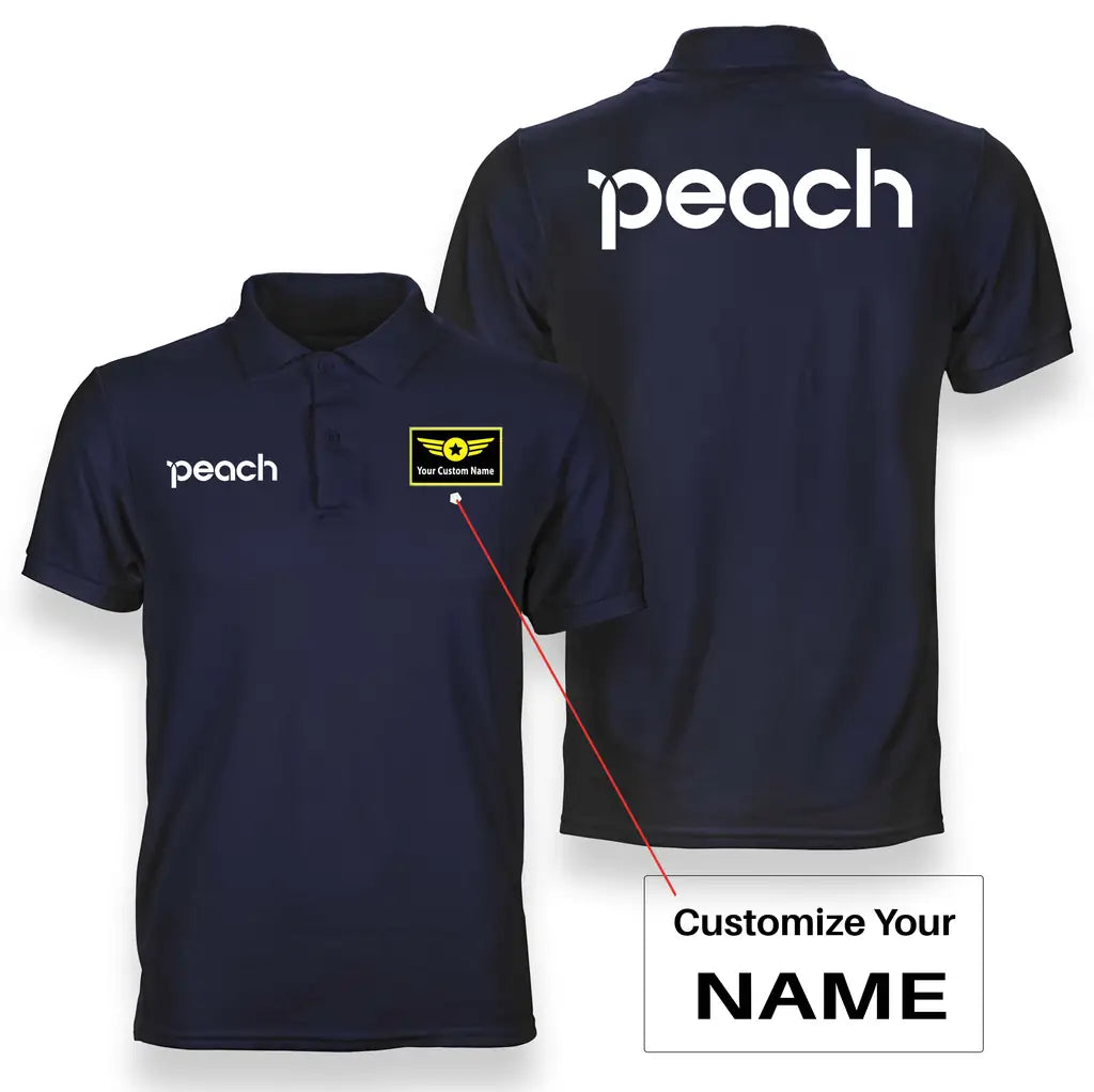 Peach Airlines logo on navy blue + name double side polo t shirt