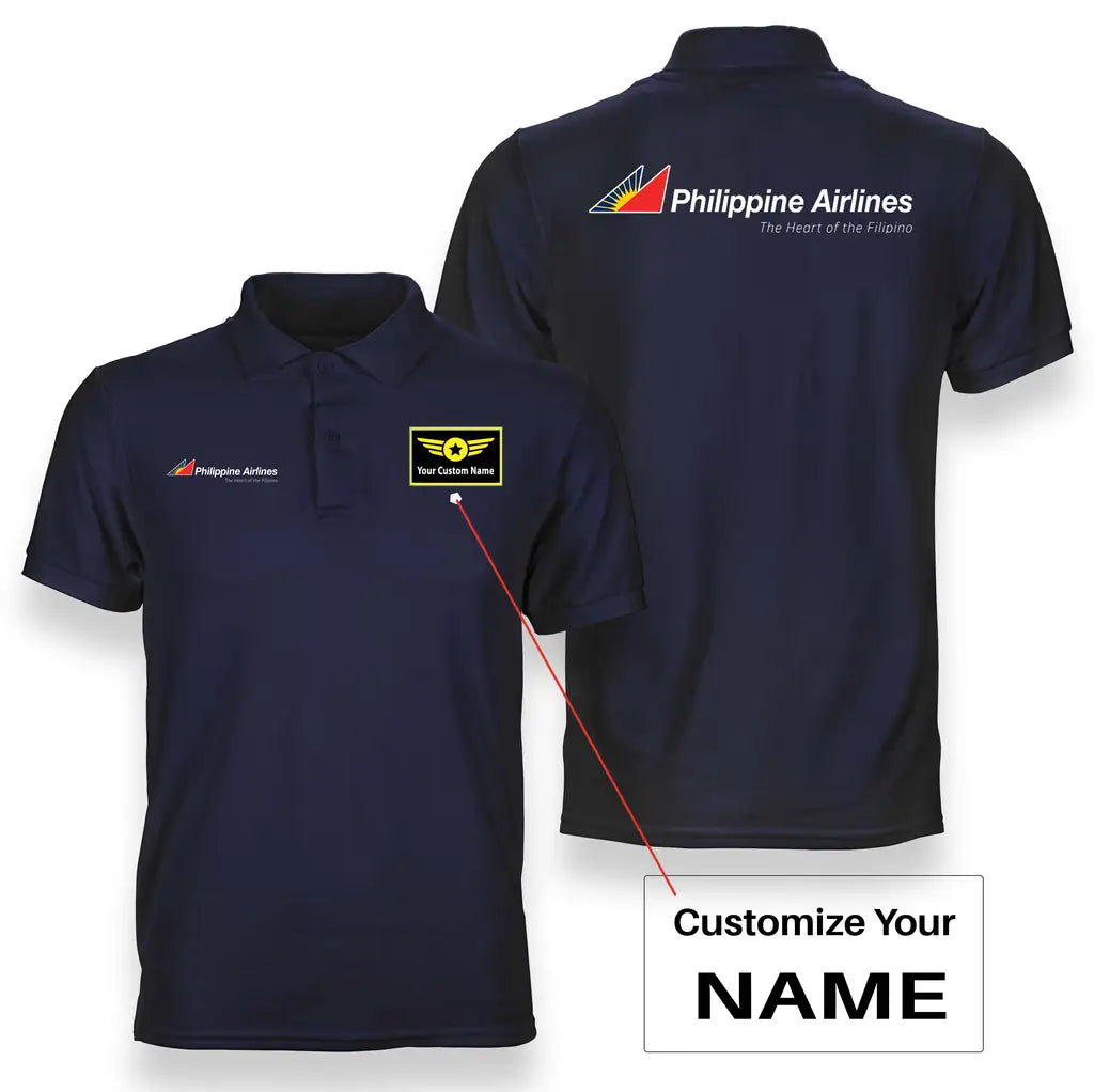 Philippine Airlines logo on navy blue + name double side polo t shirt