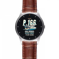 Thumbnail for Piaggio P.166 - Cartoon + Name - Leather Strap - Striped Brown Leather Strap