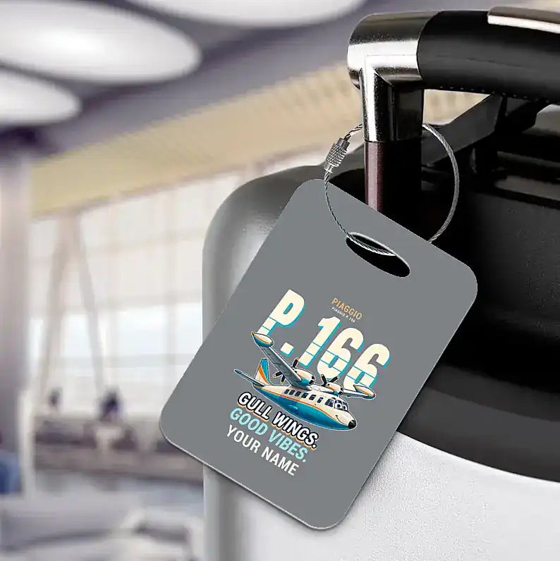 Piaggio P.166 - Cartoon + Name - Luggage Tag - Gray