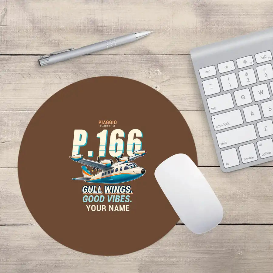 Piaggio P.166 - Cartoon + Name - Round Mouse Pad - Brown
