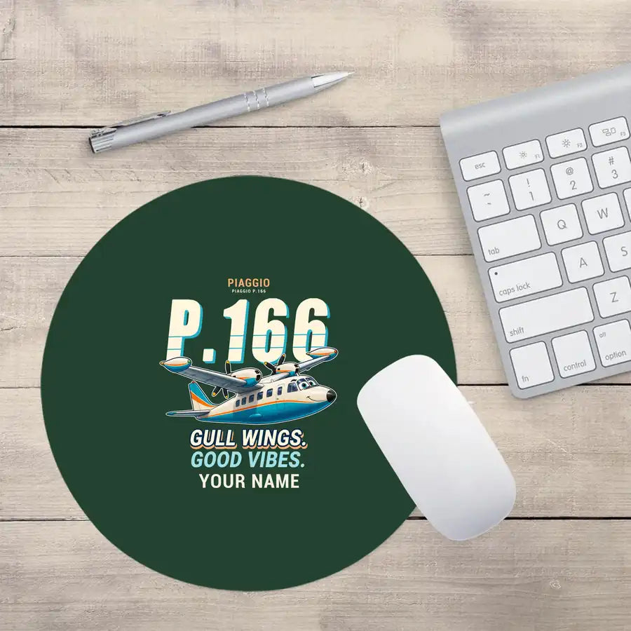 Piaggio P.166 - Cartoon + Name - Round Mouse Pad - Dark Green