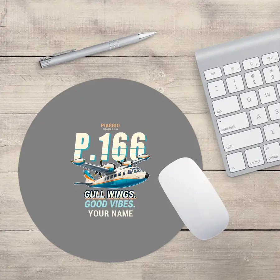 Piaggio P.166 - Cartoon + Name - Round Mouse Pad - Gray