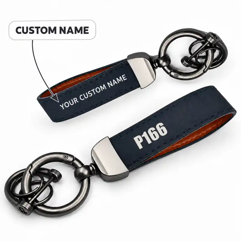 Piaggio P.166 - Leather Key Chain - Horseshoe Buckle - Tag - Navy Blue + Name