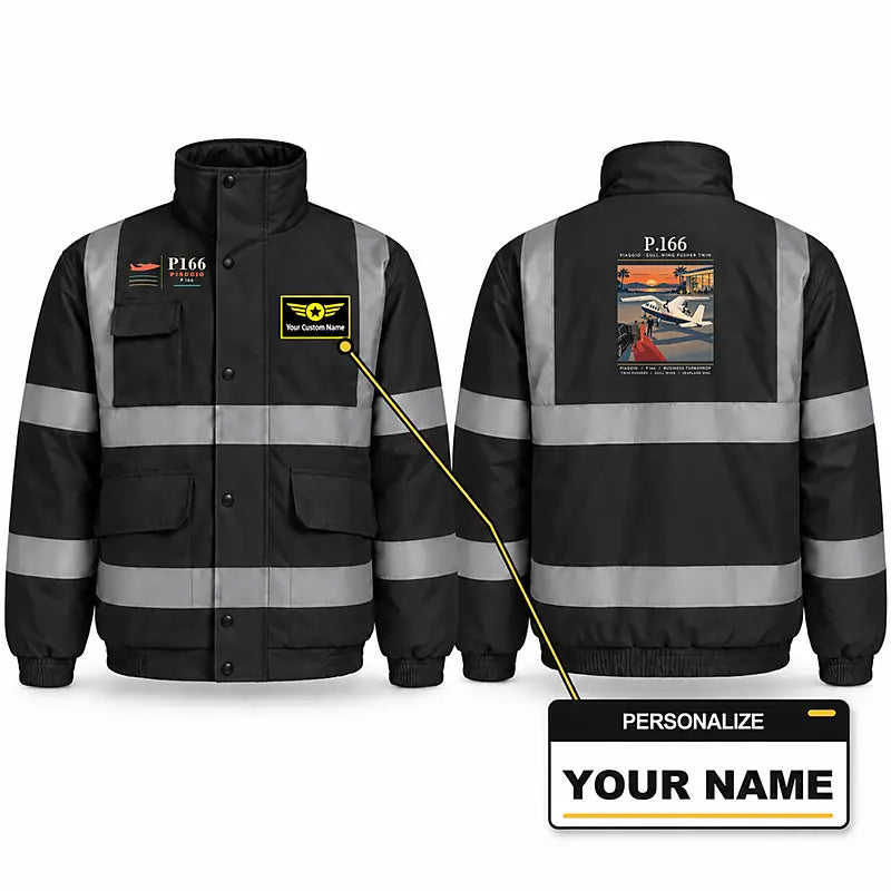 Piaggio P.166 Reflective Winter Jackets - Poster + Name - Black