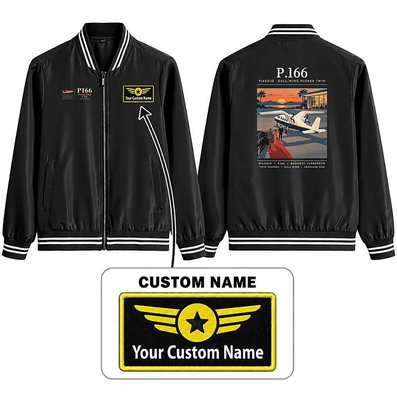 Piaggio P.166 Stylish Jackets - Baseball Collar - Poster + Name - Black