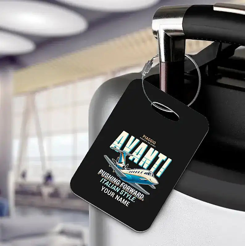 Piaggio P.180 Avanti EVO - Cartoon + Name - Luggage Tag - Black