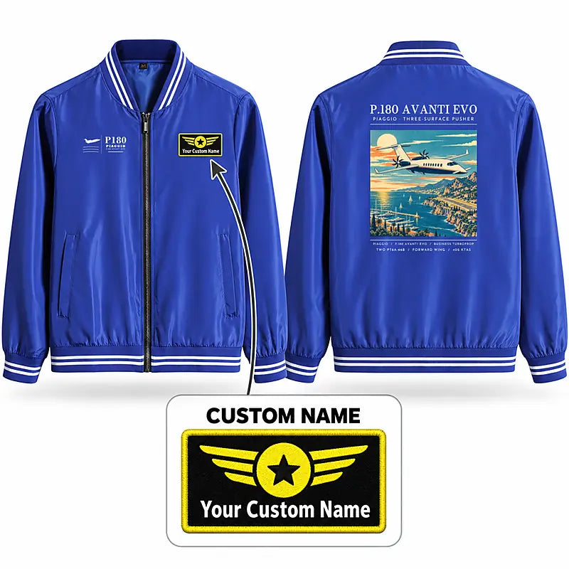 Piaggio P.180 Avanti EVO Stylish Jackets - Baseball Collar - Poster + Name - Royal Blue