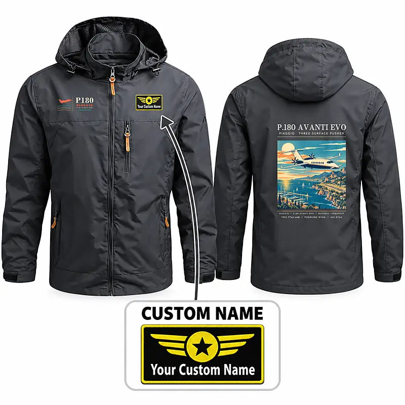 Piaggio P.180 Avanti EVO Stylish Jackets - Hooded Windbreaker - Poster + Name - Charcoal