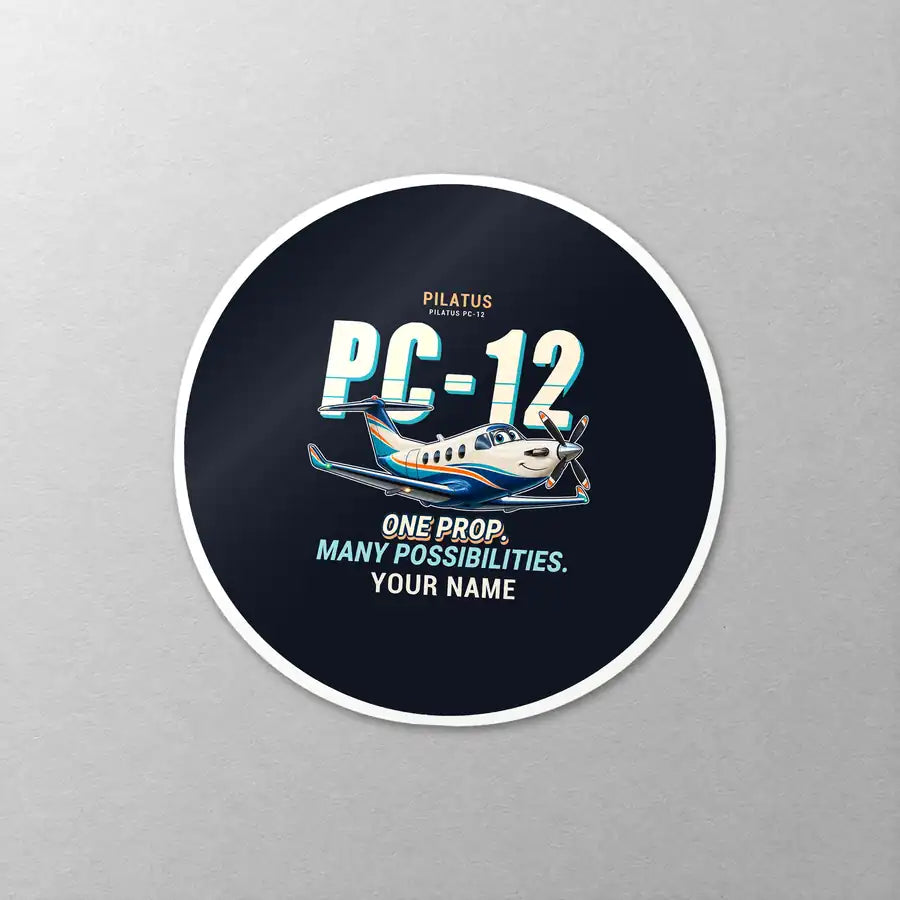 Pilatus PC-12 PRO - Cartoon + Name - Circle Sticker - Close-up