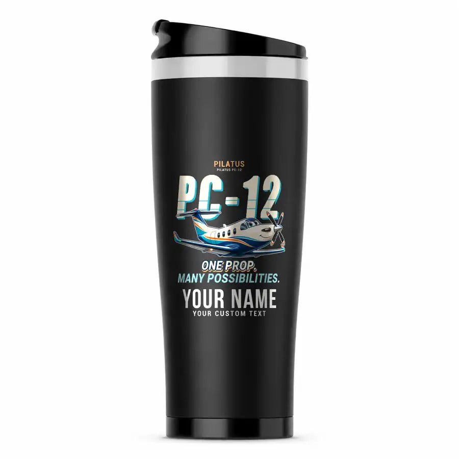 Pilatus PC-12 PRO - Cartoon + Name - Stainless Steel (No Holder) - Black