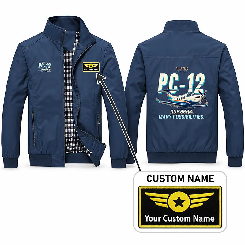 Pilatus PC-12 PRO Stylish Jackets - Stand Collar - Cartoon + Name - Navy Blue