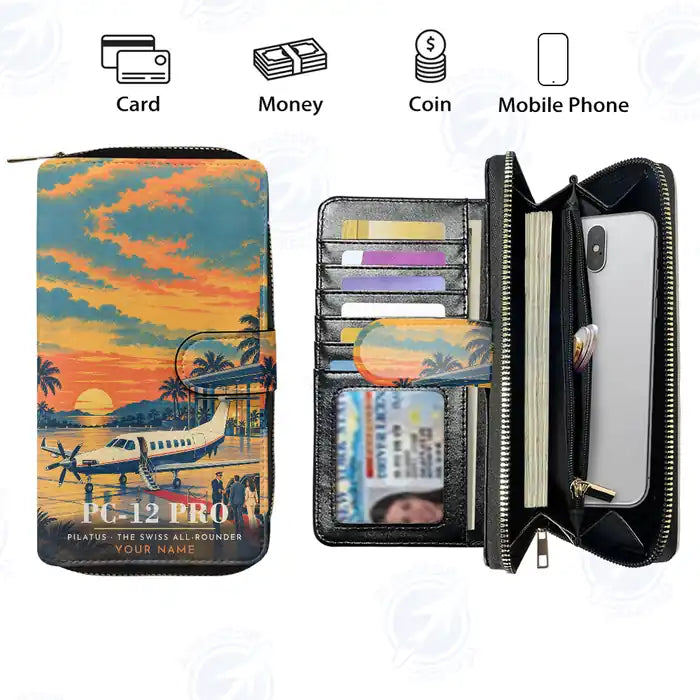 Pilatus PC-12 PRO Leather Wallets - Zip Long Wallet - 3D + Name