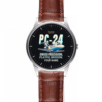 Thumbnail for Pilatus PC-24 - Cartoon + Name - Leather Strap - Striped Brown Leather Strap