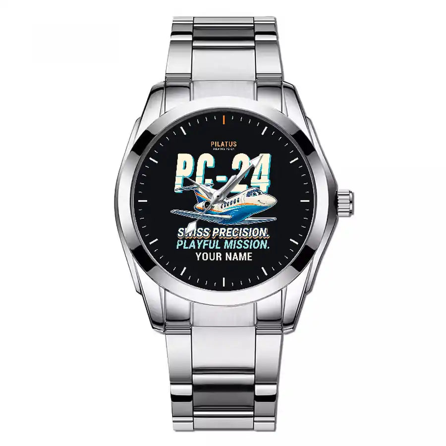 Pilatus PC-24 - Cartoon + Name - Stainless Steel Band - For Men