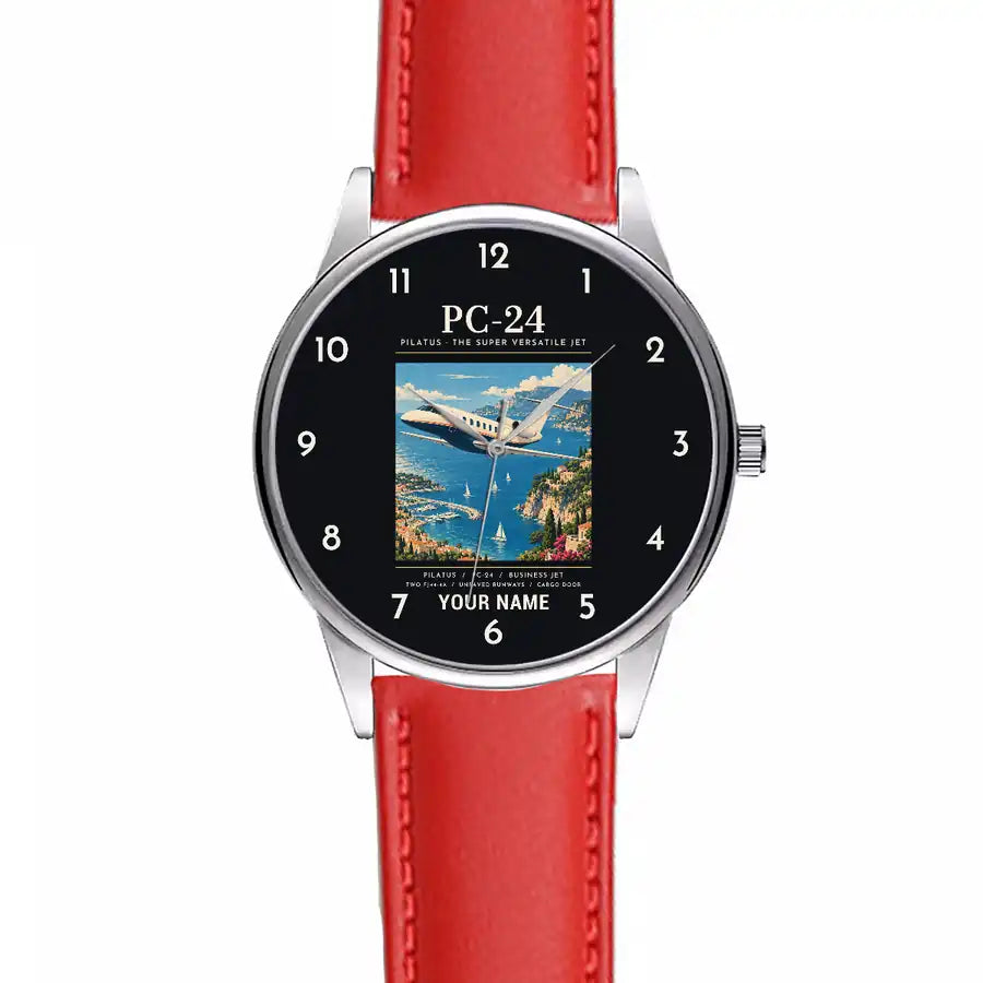 Pilatus PC-24 - Poster + Name - Leather Strap - Red Leather Strap