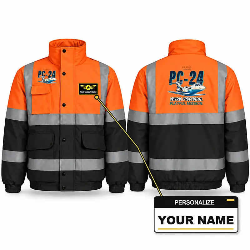 Pilatus PC-24 Reflective Winter Jackets - Cartoon + Name - Orange & Navy