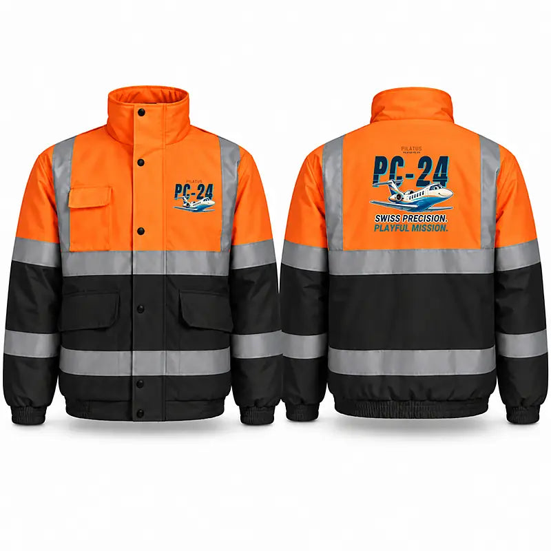Pilatus PC-24 Reflective Winter Jackets - Cartoon - Orange & Navy