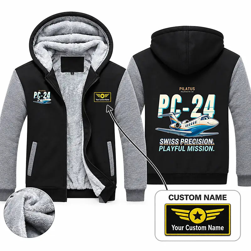 Pilatus PC-24 Zipped Sweatshirts - Cartoon + Name - Black & Gray