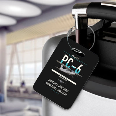 Pilatus PC-6 Porter design on black acrylic luggage tags, double-side print