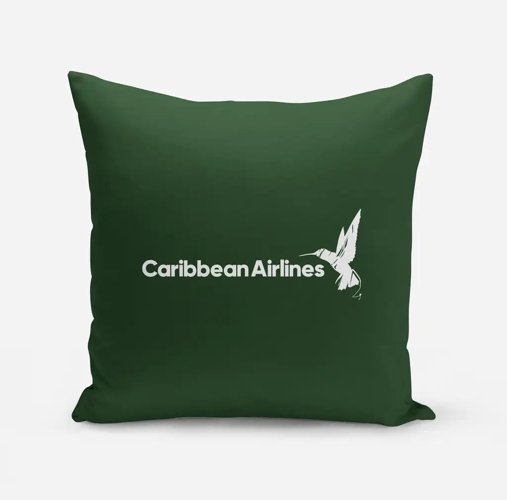 Carbbean Airlines design on dark green pillow