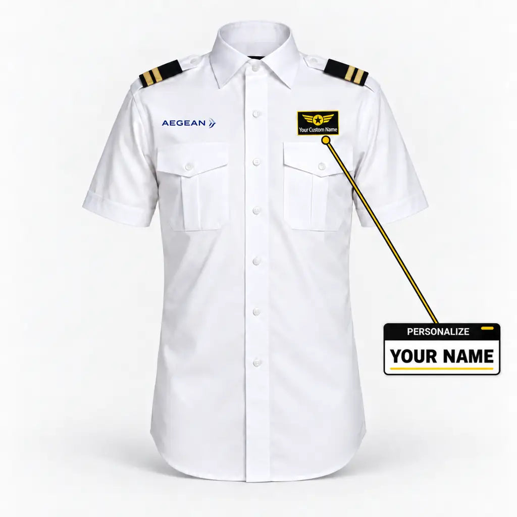 Aegean Airlines logo on 2-stripe short sleeve pilot shirt with custom name badge