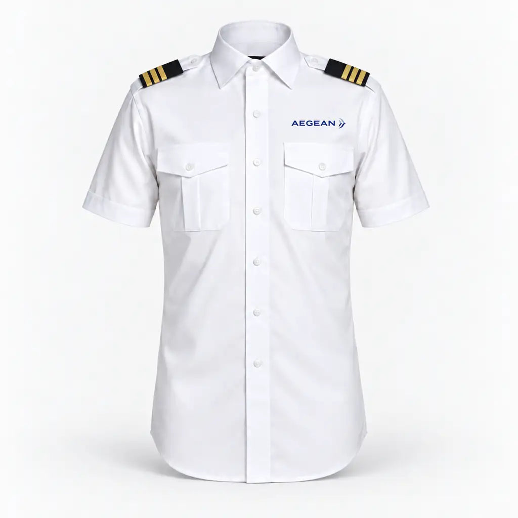 Aegean Airlines logo on 3-stripe short sleeve pilot shirt