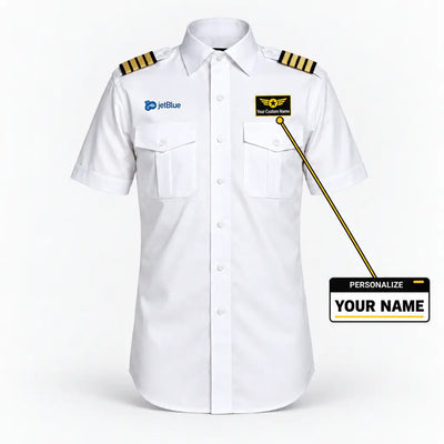 JetBlue Airways Airlines logo on 4-stripe short sleeve pilot shirt with custom name badge