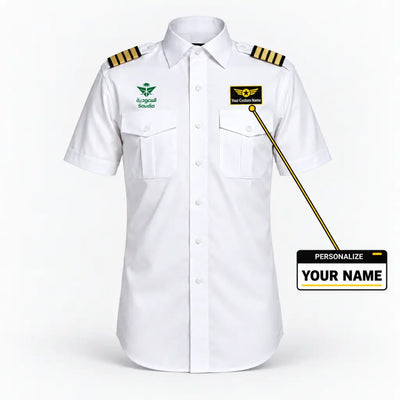 Saudi Arabian Airlines logo on 4-stripe short sleeve pilot shirt with custom name badge