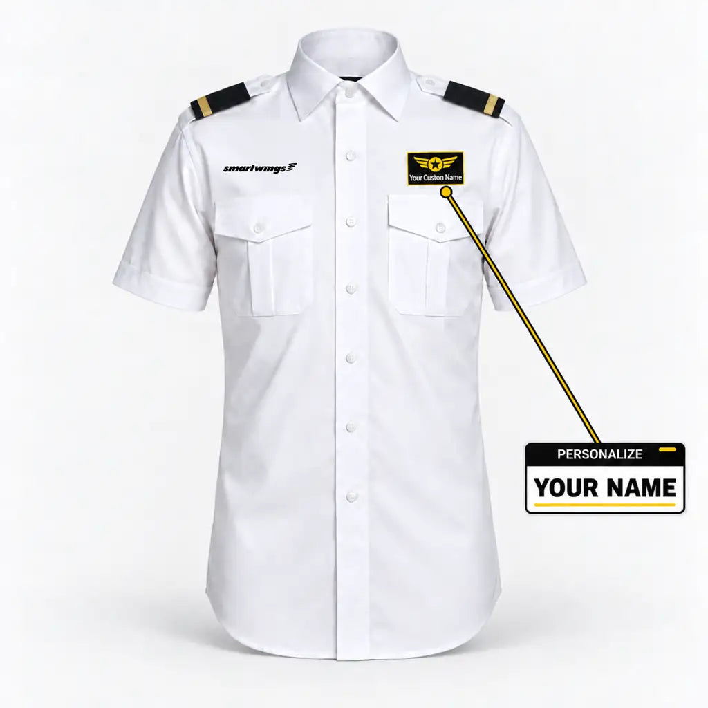 Smartwings Airlines logo on 1-stripe short sleeve pilot shirt with custom name badge