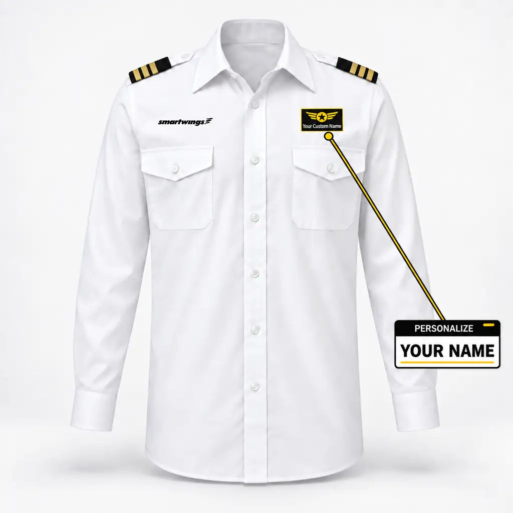 Smartwings Airlines logo on 3-stripe long sleeve pilot shirt with custom name badge