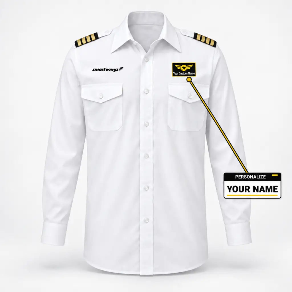 Smartwings Airlines logo on 4-stripe long sleeve pilot shirt with custom name badge