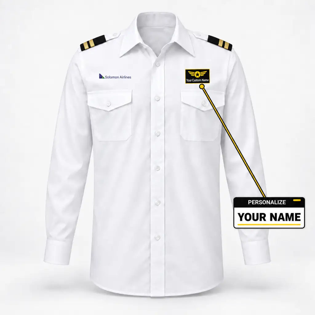Solomon Airlines logo on 2-stripe long sleeve pilot shirt with custom name badge